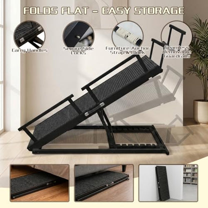 Dog Ramp for Bed - 7-Level Adjustable (13"-37") Birchwood, 60" Foldable Soft Carpet Ramp with Removable Washable Cover & Rails, for High Bed/Couch, DIY Glow Strips, Supports 200 Lbs - color: Black - Carpet Style