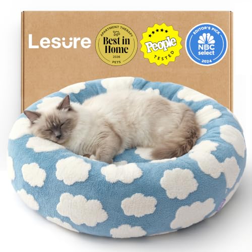Lesure Shown on TV Donut Cat Beds for Indoor Cats - Small Round Dog Bed for Calming Pets as Gift with Washable Cover, Cute Modern Puppy Bed with Jacquard Shaggy Plush & Anti Slip Bottom, 20 Inch, Blue - color: Cozy Clouds Blue, size: 20.0"L x 20.0"W x 6.0