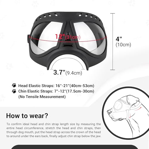 Namsan Dog Goggles for Large Dogs, Wide Snout & Soft Frame, Tactical Driving Sunglasses for Dogs Medium to Large Breed, Anti-UV Dog Eye Protection, Windproof Dustproof, Adjustable, Black - color: (Large)Silver Lens