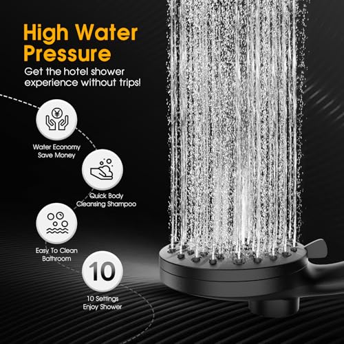 High Pressure 10 Ways Handheld Shower Head Matte Black- Anti-clog Nozzles, Built-in Power Wash to Clean Tub, Wall & Overhead Brackets,Magnetitc Rainfall Shower Wand,Built-in 2 Power Jet - color: Black