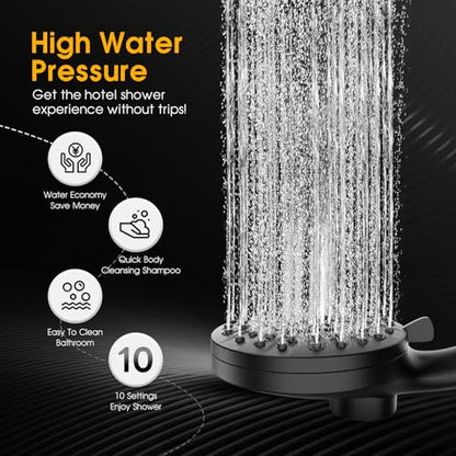High Pressure 10 Ways Handheld Shower Head Matte Black- Anti-clog Nozzles, Built-in Power Wash to Clean Tub, Wall & Overhead Brackets,Magnetitc Rainfall Shower Wand,Built-in 2 Power Jet - color: Black