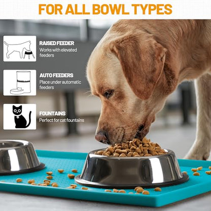 Hubulk Dog Feeding Mat,100% Waterproof Food Grade Silicone Pet Food and Water Bowl Placemat,Dishwasher, High Raised Edge to Prevent Spills,Nonslip Tray to Stop Messes on Floor（28"x18"x0.8", Green） - color: Green(Teal), size: 28"l X 18"w