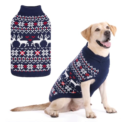 KOOLTAIL Christmas Dog Sweater, Cold Weather Pullover Classic Knitwear, Reindeer Snowflake Pattern Thick Warm Winter Pet Clothes, Cable Knit Sweaters for Small Medium Large Dogs Boy Girl, Navy Blue M - color: Navy Blue, size: Medium
