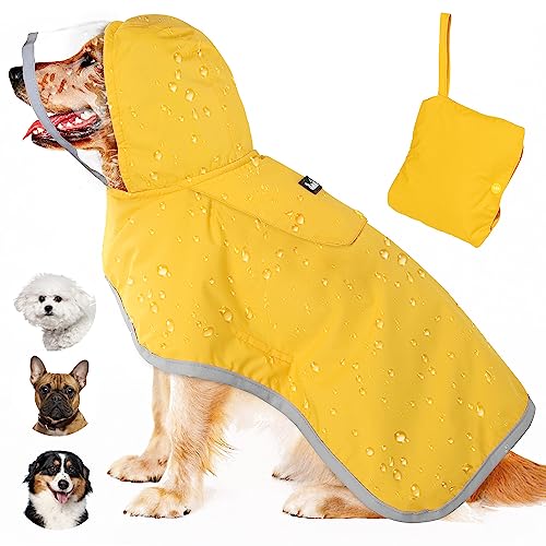 Lukovee Dog Raincoat, Adjustable Dog Rain Jacket with Clear Hooded Double Layer for Large Medium Small Dogs Puppies, Waterproof Rain Coat Poncho with Reflective Storage Pocket & Rim (Yellow,M) - color: A-Yelllow, size: Medium