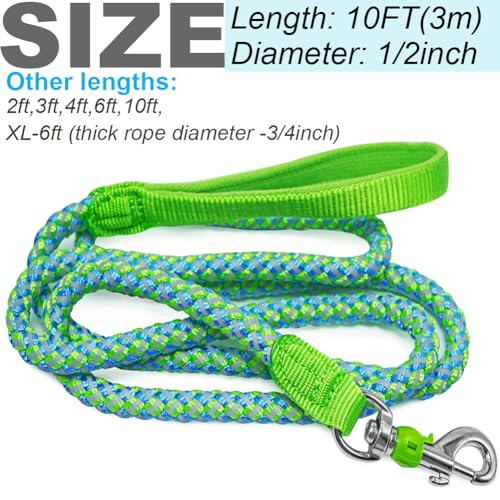 10 Foot Reflective Dog Leash Strong Nylon Rope Braided Heavy Duty for Large Medium Small Dogs Walking Training Leads (Green, 1/2") - color: Green, size: 10ft * 1/2"