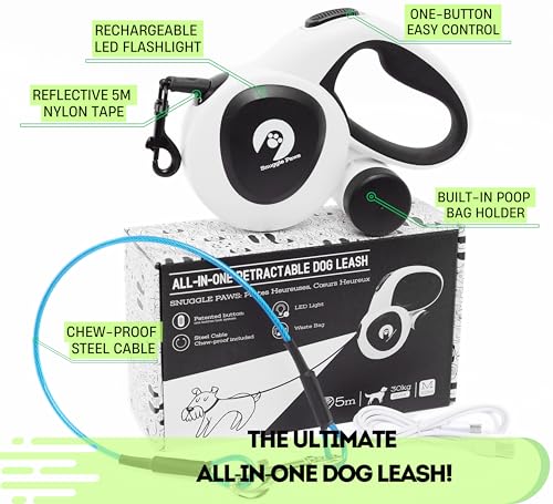 Snuggle Paws Retractable Dog Leash 16ft – Heavy Duty All-in-One Dog Leash with LED Flashlight, Poop Bag Holder, Chew Proof Steel Cable & Reflective Tape – Size M - size: M | 16.4 ft | 66 lbs