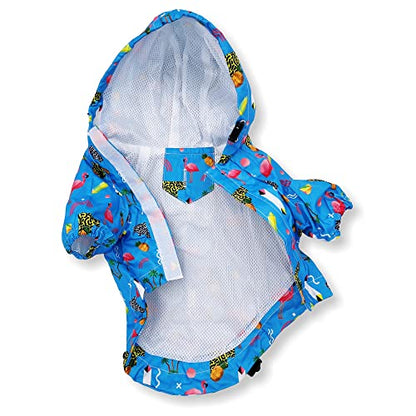 Dog Raincoat Hooded Leash Hole Waterproof Rain Coat Jacket Rainwear for Small Pet Cat Puppy (S: Length - 12", Blue Flamingo) - color: Blue Flamingo, size: S: Chest - 15", Length - 12"