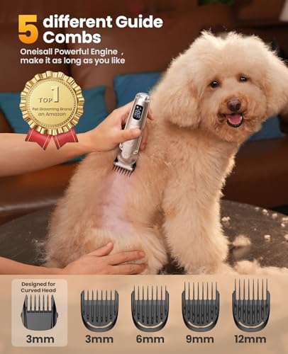 oneisall Small Dog Clippers and Paw Trimmer with Low Noise, 4 - in - 1 Cordless Dog Grooming Kit with 3 - Level Speed Clippers (7000 RPM) for Grooming Thick Hair, Waterproof Shaver for Dogs and Cats | 6000/6500/7000RPM, 3-Speed, 49dB, LED Display, IPX7 Wa