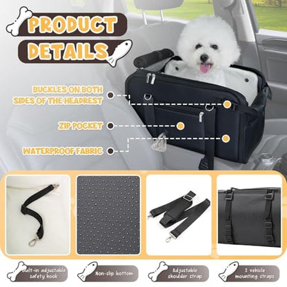 YUDODO 10-18lbs Large Console Dog Car Seat (Width＞9.5in) Fits Truck & SUV, Luxury Puppy Cat Travel Portable Booster Seat with Removable Velvet Cushion, Anti-Slip Pet Car Bed Carseat PU Leather Black - color: Black with Cushion, size: L (Truck SUV) (10-18l