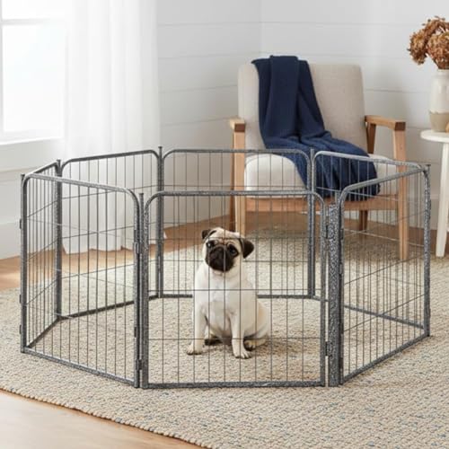 Dog Play Pen for Indoor Use - 32'', 8 Panels for Small and Medium Size Dogs - Portable Grey Playpen Kennel for House or Garage - Metal Heavy Duty Pet Fence with Anti-Slip Feet - size: 32 Inches