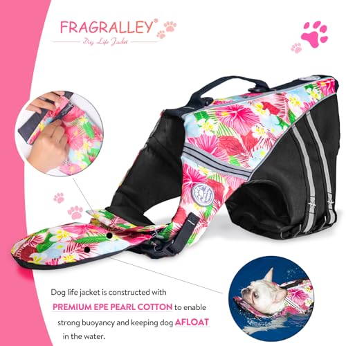Dog Life Jacket, French Bulldog Life Vest for Swimming Boating, Dog Swim Vest with Chin Float and Rescue Handle, High Flotation Puppy Life Jackets (Chest Girth: 17" to 30", Weight: 17" to 28" LB) - color: Flower+Pink