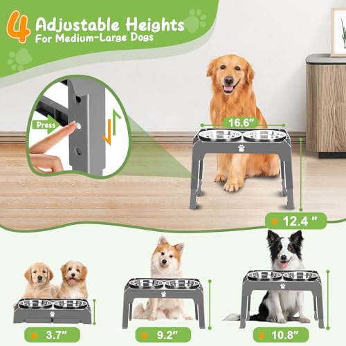 Elevated Raised Dog Bowl Stand with 2 Stainless Steel Bowls, Adjustable Height for Medium Large Dogs, 12.36" - 3.7" Foldable Feeder, Grey - color: Grey, size: Medium dogs