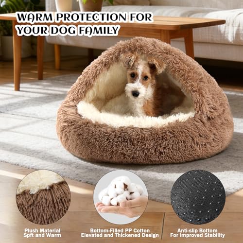 NOYAL Round Hooded Donut Dog Bed for Small & Medium Pets - Plush Fluffy Anti-Anxiety Cat Cave Bed with Cover - color: Brown, size: Small 19.6''