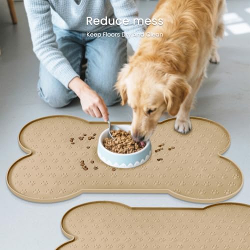 PWTAA Dog Food Mat Anti-Slip Silicone Dog Bowl Mat Thicker Pet Placemat Waterproof Cat Feeder Pad with Raised Edge Puppy Kitten Feeding Mats Suitable Small Medium-Sized Dogs Cats Eating Tray - 2PCS - color: Khaki, size: 19.4" x 9.8"-2PCS