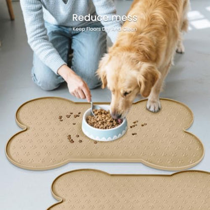 PWTAA Dog Food Mat Anti-Slip Silicone Dog Bowl Mat Thicker Pet Placemat Waterproof Cat Feeder Pad with Raised Edge Puppy Kitten Feeding Mats Suitable Small Medium-Sized Dogs Cats Eating Tray - 2PCS - color: Khaki, size: 19.4" x 9.8"-2PCS