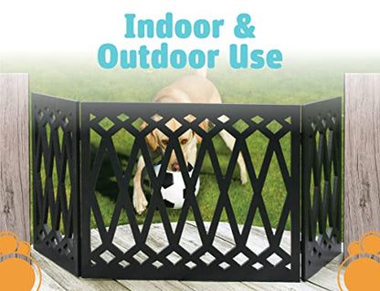 Etna 3-Panel Diamond Design Wood Pet Gate - Decorative Black Tri Fold Dog Fence for Doorways, Stairs - Indoor/Outdoor Pet Barrier - 24-48 Inches Wide x 19 Inches Tall