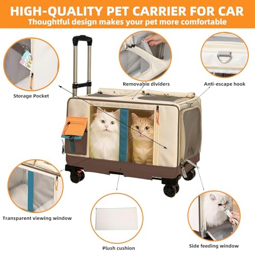 Large Cat Carrier with Wheels for 2 Cat, Double Rolling Pets Carrier on Wheel, Folding Soft-Sided Carriers with Telescopic Handle, Shoulder Strap Removable Soft-Sided Bag for Car, Vet, Outing - color: Brown