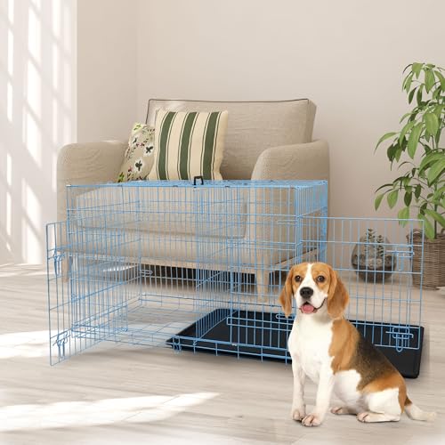 Dog Crate, 24/30/36/42/48 Inch Dog Crates for Small Medium Large Dogs Indoor, Folding Metal Dog Kennel Dog Cage with Double-Door, Divider Panel, Removable Tray, Locks and Handle, (36 Inch, Blue) - color: BLUE, size: 36.0"L x 22.0"W x 25.0"H