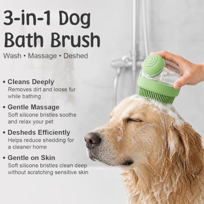Dog Bath Brush with Shampoo Dispenser | Silicone Pet Grooming Scrubber for Dogs Cats and Puppies | Rubber Curry Tool for Bathing Deshedding and Massage | Easy Grip One Handed Design - color: Green