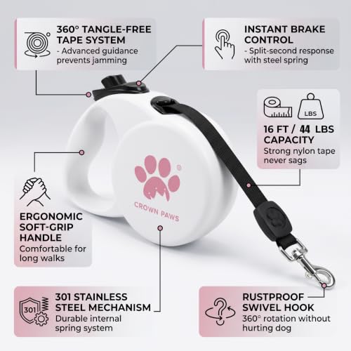 Chew Proof Retractable Dog Leash for Medium Dogs up to 44lbs, 16ft Heavy Duty Dog Lead with Anti-Chewing Steel Wire Rope, Tangle-Free, One-Hand Brake & Lock, White M - color: White, size: Medium