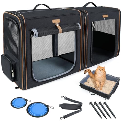 Lekereise Extra Large Cat Carrier for 2 Cats, 2-in-1 Cat Travel Carrier with Litter Box, (20.85" x2) x19.7"x19.7" Pet Carrier with Zipper Locks for Moving Across The Country (No Hammock) - Black - color: Black, size: 41.7"L x 19.7"W x 19.7"H