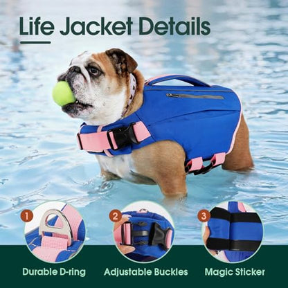 Kuoser Dog Life Jacket, Reflective Swim Vest Adjustable with Rescue Handle | High Flotation, Rescue Handle, Adjustable, Reflective,2 Storage Pockets, Pool Lake Boat Beach, Small Medium Large dogs - color: Blue, size: XXL (Chest Girth:30.7-38.5'')