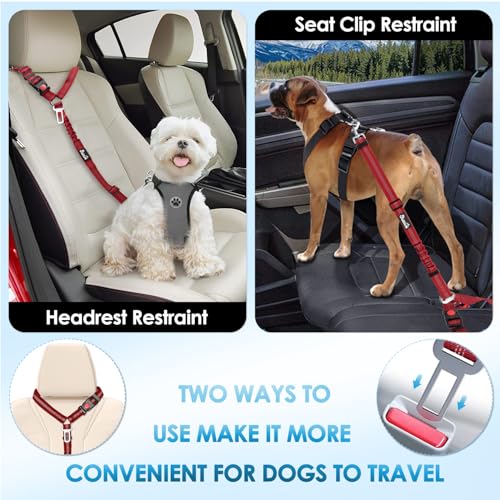 Lukovee Dog Seatbelt Leash for Cars, 2 Pack Pet Safety Seat Belt with Adjustable Buckle & Reflective Bungee, Connect Dog Harness in Vehicle Dogs Restraint Travel Daily Use (Red) - color: Red
