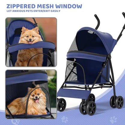 Magshion Compact Pet Stroller for Small-Medium Dogs/Cats up to 22lbs, 4-Wheel Lightweight Umbrella Shaped Portable Puppy Travel Jogger with Breathable Mesh, Cup Holder & Rear Storage, Navy Blue - color: Navy Blue, style: Up to 22 lbs