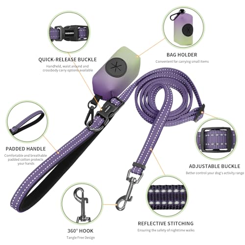 Kazazoo Hands-Free Dog Leash with Poop Bag Holder, Adjustable 4-7 Ft Waist for Dog Walking, Running for Small Dogs with Reflective Strips, Nylon Waist Belt, Deep Purple - color: Deep Purple