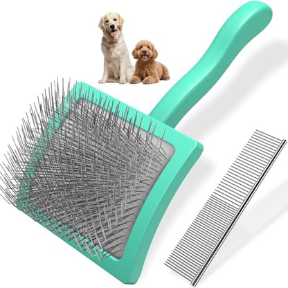 2PCS Slicker Brush for Dogs & Pet Comb,Professional Dog Grooming Brush (Goldendoodles,Poodles,Labradoodles) with Extra Long Pins to Effectively Remove Tangles, Knots and Mats (Cyan, Large) - color: Cyan, size: Large