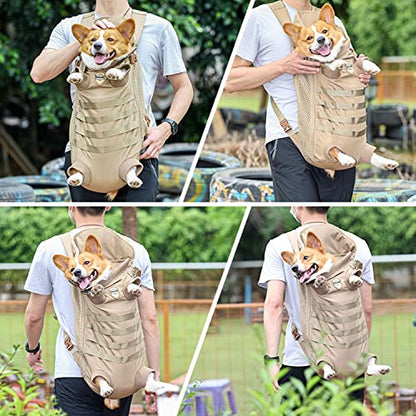 FLAdorepet Dog Carrier Tactical Backpack for Medium Large Dogs,Soft Hands-Free Legs Out Pet Front Cat Dog Carrier Backpack Travel Bag for Outdoor Traveling Hiking Camping (Medium, Khaki) - size: 21.7"L x 7.5"W x 13.0"H