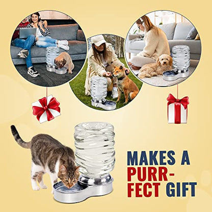 Dog Water Bowl Dispenser - Automatic Slow Refilling System Keeps Stainless Steel Drinking Dish Filled - Refillable 3 Liter Bottle, Non-Skid Feet - Clean, Safe, & Fresh Drink for Pet Dogs