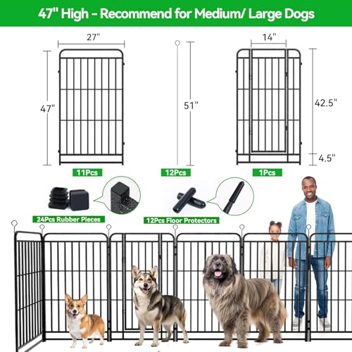 Kfvigoho Heavy Duty Dog Playpen: 12 Steel Panels 47" Height, Square Steel Pipe with Reinforced Crossbars, 27FT 57 Sq.ft Portable Fence for Yard RV Camping, Snowy Black - style: 27"W x 47"H
