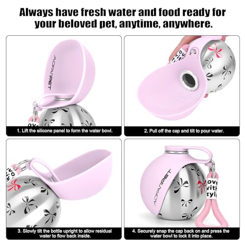 Portable Dog Water Bottle 10oz Stainless Steel Travel Dog Water Dispenser with Bowl No-Spill Puppy Water Bottle for Walking Hiking Small Dog Water Bottle (Pink Bow Print) - color: Pink Bow Print