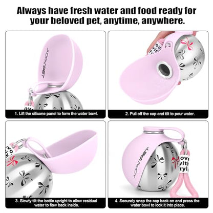 Portable Dog Water Bottle 10oz Stainless Steel Travel Dog Water Dispenser with Bowl No-Spill Puppy Water Bottle for Walking Hiking Small Dog Water Bottle (Pink Bow Print) - color: Pink Bow Print
