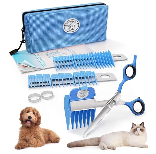 SCAREDY CUT Silent Pet Grooming Kit for Dogs, Cats and All Pet Grooming - A Quiet Alternative to Electric Clippers for Sensitive Pets (Right-Handed Blue) - color: 16pc Right-handed Blue