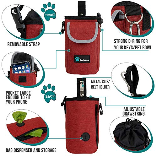 PetAmi Dog Treat Pouch, Large 3-Cup Dog Training Treat Bag with Poop Bag Dispenser, Hands-Free Waist Belt & Crossbody Strap, Reflective with Multiple Pockets & Belt Clip (Red) - color: Red