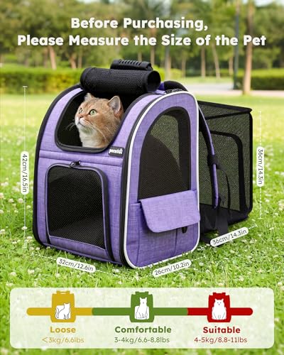 pecute Cat Backpack Expandable, Cat Carrier with Breathable Window - color: Purple, size: 12.6"L x 10.2"W x 16.5"H