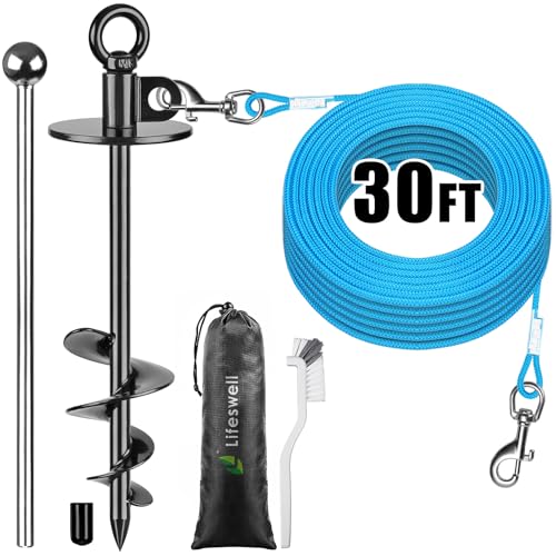 Dog Tie Out Cable and Stake, 30ft Dog Lead, 15" Heavy Duty Dog Anchor for Dogs Up to 125lbs, No Tangle, Dog Runner for Yard and Camping - color: Black-A, size: 30ft cable + stake