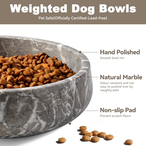 Karibiber Marble Dog Bowl, 6lbs Weighted Dog Food Bowl, Non-Slip Large Heavy Water Bowls, Grey Stone Food and Water Dish for Medium Dogs, Natural Marble, Easy to Clean, Holds 6 Cups - color: Deep Grey, size: L