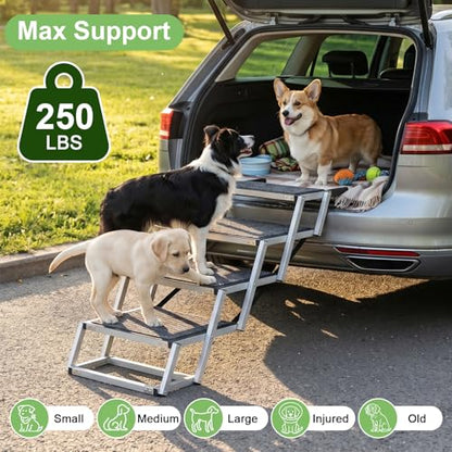 Dog Stairs for Large Dogs, 20" Extra Wide Folding Dog Ramp for Car SUV Truck, Lightweight Dog Steps with Non-Slip Surface & Aluminum Frame, Portable Pet Stairs Supports up to 250 lbs, 4 Steps - size: 20*17 in