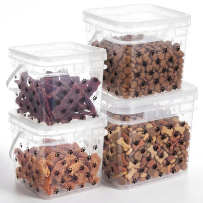 4 Pack Airtight Dog Food Storage Containers (5l/3l/2l) Clear Plastic Paw Storage Bins with Handle and Lids, Pet Treat Stackable Square Buckets for Dog Kibble Cat Snacks Pantry Dry Goods - size: 8.27 x 8.27 x 7.48 Inches