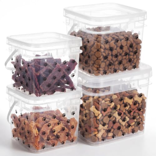 4 Pack Airtight Dog Food Storage Containers (5l/3l/2l) Clear Plastic Paw Storage Bins with Handle and Lids, Pet Treat Stackable Square Buckets for Dog Kibble Cat Snacks Pantry Dry Goods - size: 8.27 x 8.27 x 7.48 Inches
