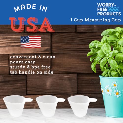 Worry-Free 1 Cup Measuring Cup - USA Made Plastic Measuring Cup, BPA Free. Clear, with Markings for Cups, ml, Ounces. Use for Dry, Liquid or as a Dog Food Scoop