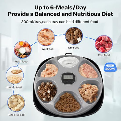 PetPrime 6-Meal Automatic Cat Feeder with Two Ice Packs,Cordless Rechargeable Cat Food Dispenser for Cats and Small Dogs Wet Food Auto Pet Feeder Black