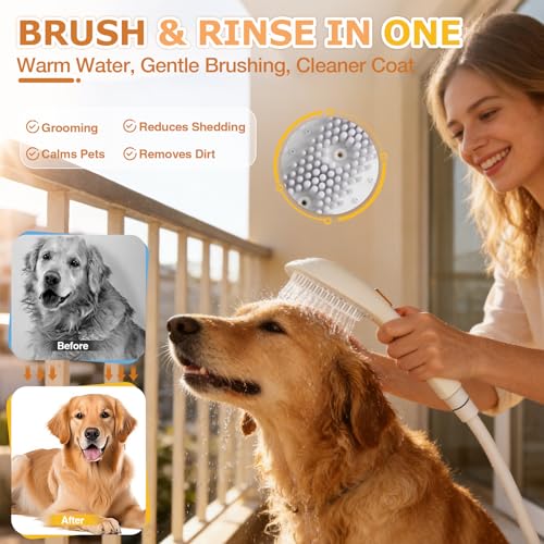 Jamini Dog Shower Attachment, Handheld High-Pressure Sprayer with Brush for Fast and Easy Indoor/Outdoor Dog Bathing, 4 Modes, 8.2ft Hose, G1/2" Brass Shower Diverter