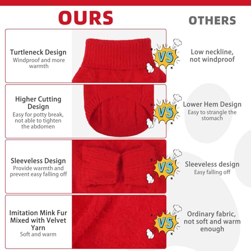 KOOLTAIL Small Dog Sweater, XS Red Fuzzy Thick Super Soft Warm Dog Christmas Sweater Turtleneck Pullover for Cold Weather, Classic Cable Knitwear, Fleece Pet Fall Winter Clothes Coats Puppy Cats - color: Red, size: X-Small