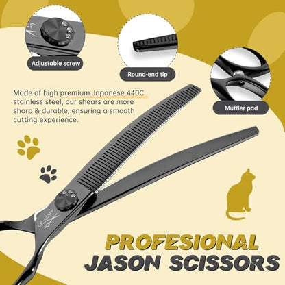 JASON Dog Thinners for Grooming - 7" Down-curved Blender Scissors, Japanese 440C Stainless Steel Dog Grooming Thinning Shears with Adjustable Screw Black - style: Down-curved Thinning Black