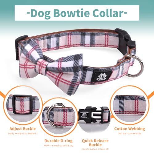 IVY&LANE Dog Collar with Bowtie and Leash Set | Plaid Adjustable Dog Collar | Detachable Bow Tie |5 FT Dog Leash | for Small Medium Large Dogs | Checkered Beige | Small - color: Checkered Beige, size: S