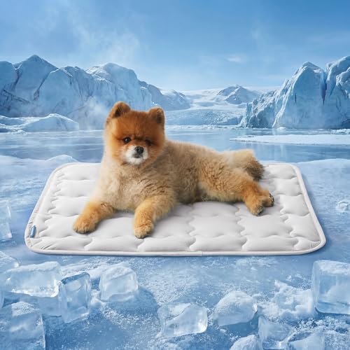 Bedsure Cooling Mat for Small Dog, Q-Max>0.5 Thin Breathable Cold Crate Pad for Puppy and Cat, Portable Washable Kennel Bed for Active Pet with Chill Soothing Fabric to Rapid Cooling, 24x18, Grey - color: Pearl Grey, size: 24" x 18" (Small)